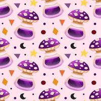 Wizard, witch magic seamless pattern, background. Halloween decoration. Glass bottle with potion, poison, medicine, elixir. Mushroom. Packaging wrapping paper design. vector