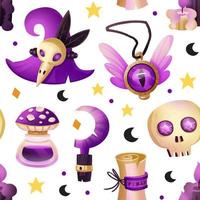 Wizard, witch magic seamless pattern, background. Halloween decoration. Skull, hat, candle, bottle with mushroom, knife, amulet, reaping hook, scroll. Packaging wrapping paper design. vector