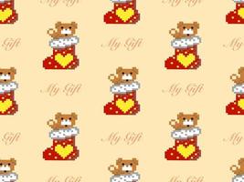 Bear and Christmas socks cartoon characters seamless pattern on yellow background vector