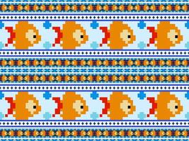 Fish cartoon character seamless pattern on blue background.Pixel style vector