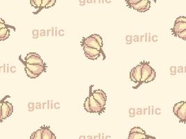 Garlic cartoon character seamless pattern on yellow background.Pixel style vector