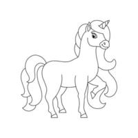 A beautiful unicorn with a lush mane and tail. Coloring book page for kids. Cartoon style character. Vector illustration isolated on white background.