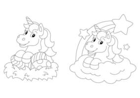 pascua y unicornio mágico. página de libro para colorear para niños. personaje de estilo de dibujos animados. ilustración vectorial aislado sobre fondo blanco. vector