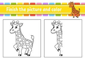 Finish the picture and color. Giraffe animal. Coon character isolated on white background. For kids education. Activity worksheet. vector
