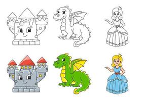 Set coloring page for kids. Fairytale theme. vector