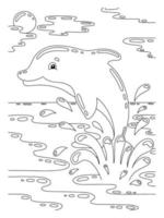 A cute dolphin jumps out of the water. Coloring book page for kids. Cartoon style character. Vector illustration isolated on white background.