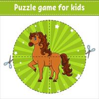 Cut and play. Cute horse. Farm animal. Round puzzle. Logic puzzle for kids. Activity page. Cutting practice for preschool. Cartoon character. vector