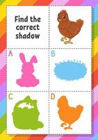 Find the correct shadow. Easter theme. Education developing worksheet for kids. Puzzle game. Activity page. cartoon character. Vector illustration.