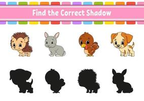 Find the correct shadow. Animal theme. Education developing worksheet. Matching game for kids. Color activity page. Puzzle for children. Cute character. Vector illustration. cartoon style.