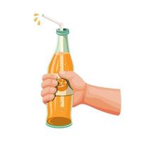 bebida de naranja en botella de vidrio, mano que sostiene el sabor de la variante de refresco de soda naranja en el vector de ilustración realista de dibujos animados sobre fondo blanco