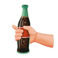 mano sosteniendo refresco cola, bebida gaseosa en botella de vidrio caricatura ilustración realista vector sobre fondo blanco