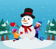 Niños felices haciendo muñeco de nieve juntos, actividad de los niños en Navidad e invierno, vector editable de ilustración plana de dibujos animados