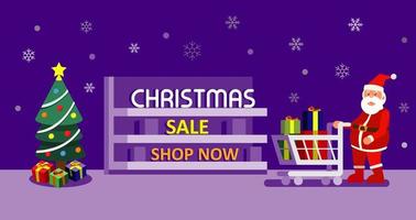 christmas sale - banner, background, shopping, Promo santa and christmas tree flat design vector