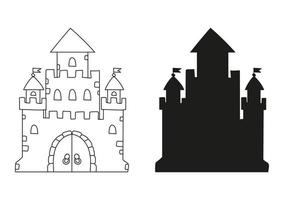 castillo de cuento de hadas. silueta negra. elemento de diseño. ilustración vectorial aislado sobre fondo blanco. plantilla para libros, pegatinas, carteles, tarjetas, ropa. vector