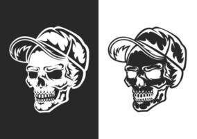 Human skull in cap. Black silhouette. Design element. Hand drawn sketch. Vintage style. Vector illustration isolated on white background.
