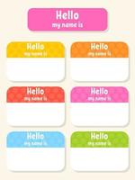 Hello name badge. Bright stickers. Rectangular label. Color vector isolated illustration.