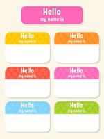 Hello name badge. Bright stickers. Rectangular label. Color vector isolated illustration.