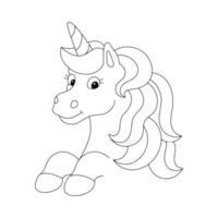 Coloring book page for kids. Unicorn with a lush mane. Cartoon style character. Vector illustration isolated on white background.