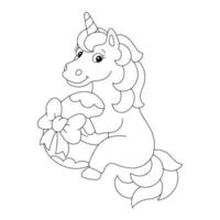 The unicorn is holding an Easter gift. Coloring book page for kids. Cartoon style character. Vector illustration isolated on white background.