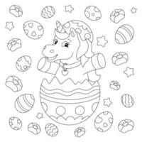 unicornio alegre celebra pascua. página de libro para colorear para niños. personaje de estilo de dibujos animados. ilustración vectorial aislado sobre fondo blanco. vector