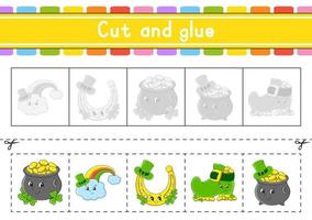 Cut and play. Paper game with glue. Flash cards. Education worksheet. Activity page. Scissors practice. Isolated vector illustration. cartoon style. St. Patrick's day.