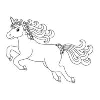 Unicorn with flowers in the mane and tail. Coloring book page for kids. Cartoon style character. Vector illustration isolated on white background.