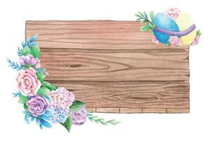 Watercolor wooden frame with spring easter decoration. Vector illustration.