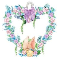 Beautiful heart flower wreath, floral frame. Vector illustration.
