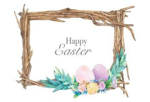 Watercolor wooden frame with spring easter decoration. Vector illustration.