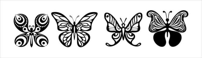 mariposa. conjunto de iconos de silueta de mariposas de primavera.colección tallada. mariposa de plantilla, luciérnagas, alas de polilla, insectos voladores aislados en fondo blanco. elemento dibujado a mano para web, boceto de tatuaje vector