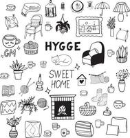 hygge set sketch icon, sticker, poster, card hand drawn doodle, scandinavian. cozy home, plants in pots and vases, armchairs, knitting, cat, socks, fireplace, candles, cups. single element for design vector