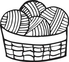 basket with balls for knitting hand drawn in doodle style. single element for design icon, sticker, poster, card. , scandinavian, hygge, monochrome, wicker, cozy home, hobby, wool clew vector