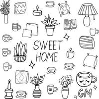 cozy home hand drawn in doodle style. set of elements for design sticker, poster, icon, card. , scandinavian, hygge, monochrome. lettering sweet, book, candles, pillows, vases with flowers, cups