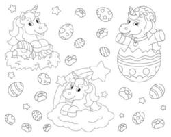 unicornios divertidos de pascua. página de libro para colorear para niños. personaje de estilo de dibujos animados. ilustración vectorial aislado sobre fondo blanco. vector