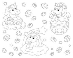 Easter funny unicorns. Coloring book page for kids. Cartoon style character. Vector illustration isolated on white background.