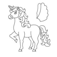 lindo unicornio con alas. caballo de hadas mágico. página de libro para colorear para niños. estilo de dibujos animados. ilustración vectorial aislado sobre fondo blanco.