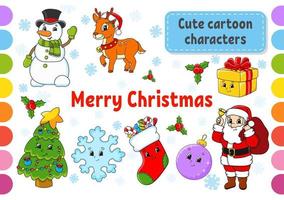 Set of stickers with cute cartoon characters. Winter clipart. Christmas theme. Colorful pack. Vector illustration. Patch badges collection for kids. For daily planner, organizer, diary.