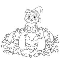 A cat in a witch hat sits on a pumpkin. Halloween theme. Coloring book page for kids. Cartoon style. Vector illustration isolated on white background.