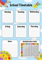 School timetable with multiplication table. For the education of children. vector