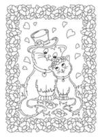 Cute cats couple in love. Coloring book page for kids. Cartoon style character. Vector illustration isolated on white background. Valentine's Day.