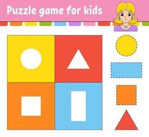 Puzzle game for kids. Cut and paste. Cutting practice. Learning shapes. Education worksheet. Circle, square, rectangle, triangle. Activity page. Cartoon character. vector