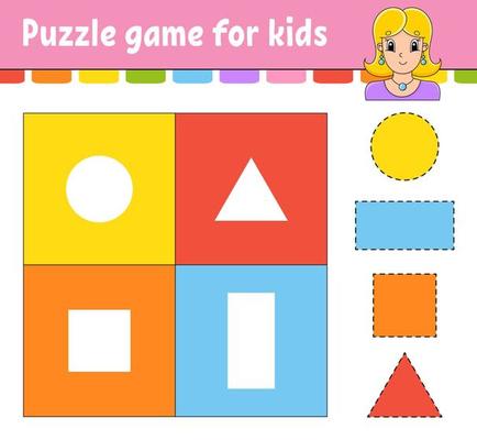 Puzzle game for kids. Cut and paste. Cutting practice. Learning shapes. Education worksheet. Circle, square, rectangle, triangle. Activity page. Cartoon character.