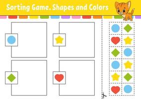 Sorting game. Shapes and colors. Cut and glue. Education developing worksheet. Game for kids. Color activity page. Puzzle for children. Cute character. Vector illustration. cartoon style.