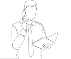 Continuous line drawing of a businessman calling with client. Vector illustration.