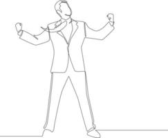 Simple continuous line drawing  Men rising Hands up.  success, friendship, celebration, joy and fun in project.  Draw in black and white background. Vector illustration.