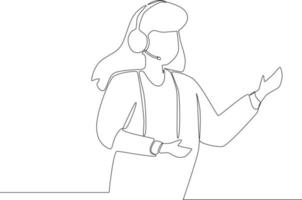 Simple continuous line,  woman call center working use headset in office. Vector illustration.