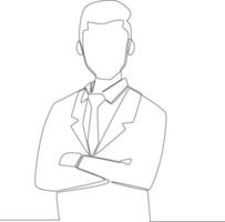 Simple continuous line, confident businessman wearing formal clothes standing with arms crossed wear white office. Vector illustration.