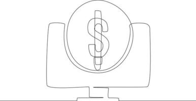 Continuous line drawing of coin in dollar in on a laptop pc. Vector illustration.