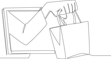 Continuous line drawing of hand holding shopping paper bag floating out of online store on laptop. vector illustration.