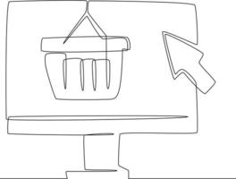 Continuous line drawing of basket online shopping concept with pc computer website store. Vector illustration.
